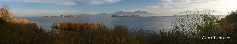 Blick auf Fraueninsel (links), Krautinsel (Mitte) und Ausläufer der Herreninsel (rechts) vom Beobachtungsturm Ganszipfel am Chiemsee Rundweg zwischen Breitbrunn und Gstadt<br />
Foto: Johann Zimmermann / 8.11.2011 NatBeo-GZ-jz-111108-Aussicht_Ganszipfel_JZI.jpg