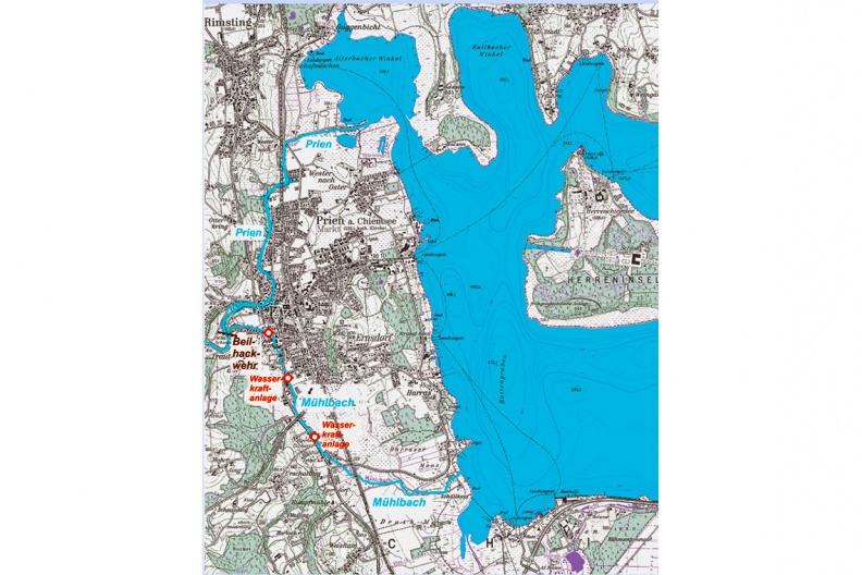 Karte vom Mühlbachverlauf
Ausleitung des Mühlbaches aus der Prien zur Energiegewinnung beim
Beilhackwehr.
PM - Station Hütte an der Prienmündung PM-1_Karte-1140pix.jpg