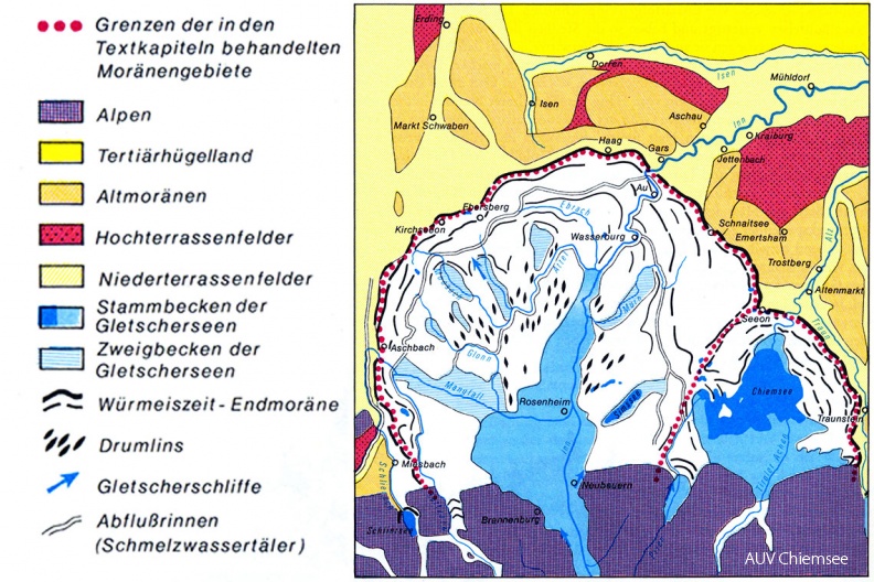 Chiemseegletscher zur Würm-Eiszeit
HB - Station Hirschauer Bucht / Quelle: Siegmar Gerndt: 'Unsere bayerische Landschaft', Prestel Verlag, München, 1978 HB_1-Vorstoss_Gletscher(Prestel_Verlag)-1140pix.jpg